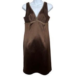 Kay Unger Brown Satin Midi Dress with Gold Braid Trim